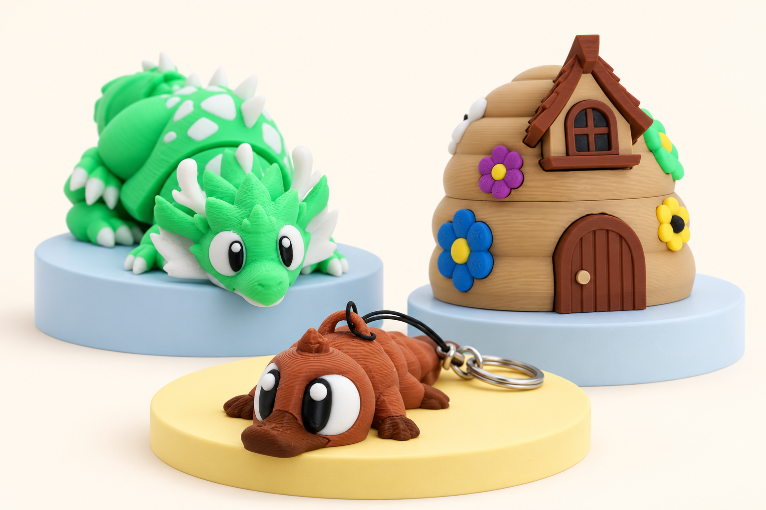 Illustration of a green dragon, a beehive house and a platypus keychain.